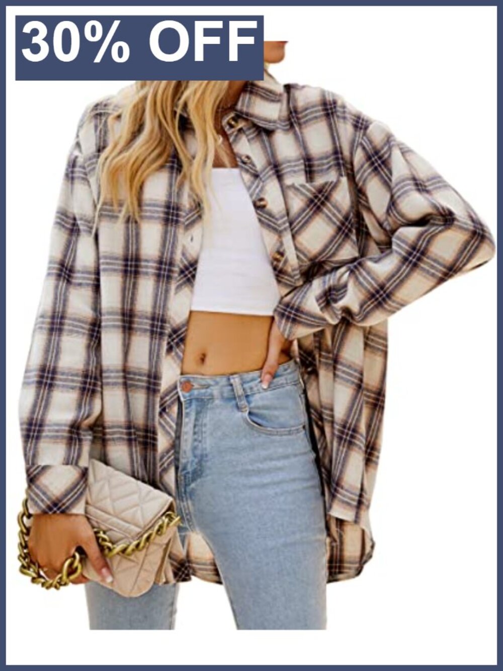 Womens Button Down Plaid Flannel Shacket Long Sleeve Oversized Blouse Top